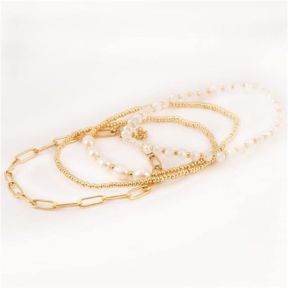 Dainty Gold Plated Pearl Crystal Beaded Bracelets Set for Women 14K Gold Plated - Picture 3 of 7